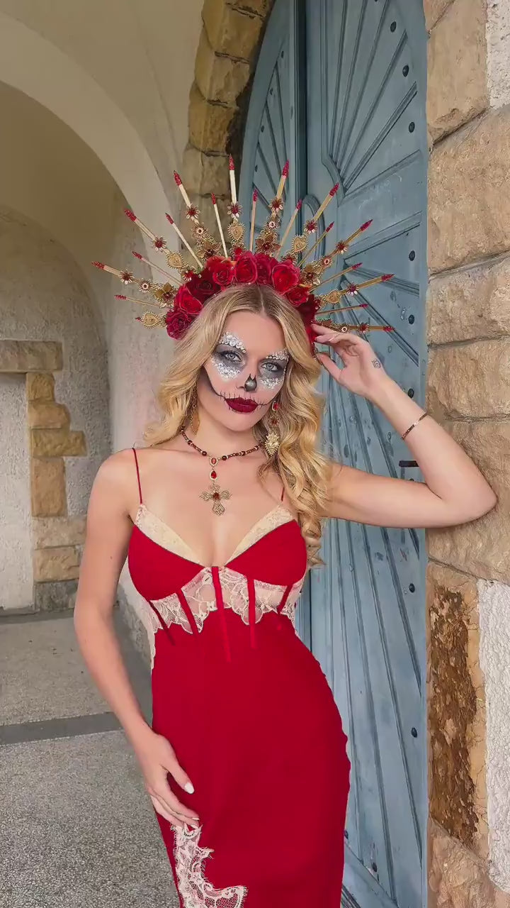Load and play video in Gallery viewer, La Catrina Sacred Heart Choker Necklace, Día de los Muertos Jewelry, Red Gold Catrina Statement Necklace
