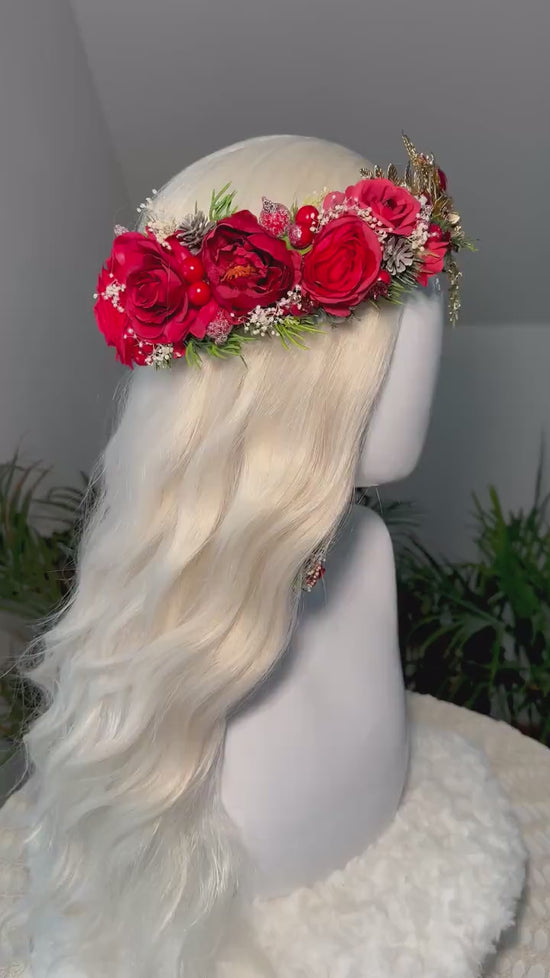 Christmas Floral Earrings Red Roses Gold