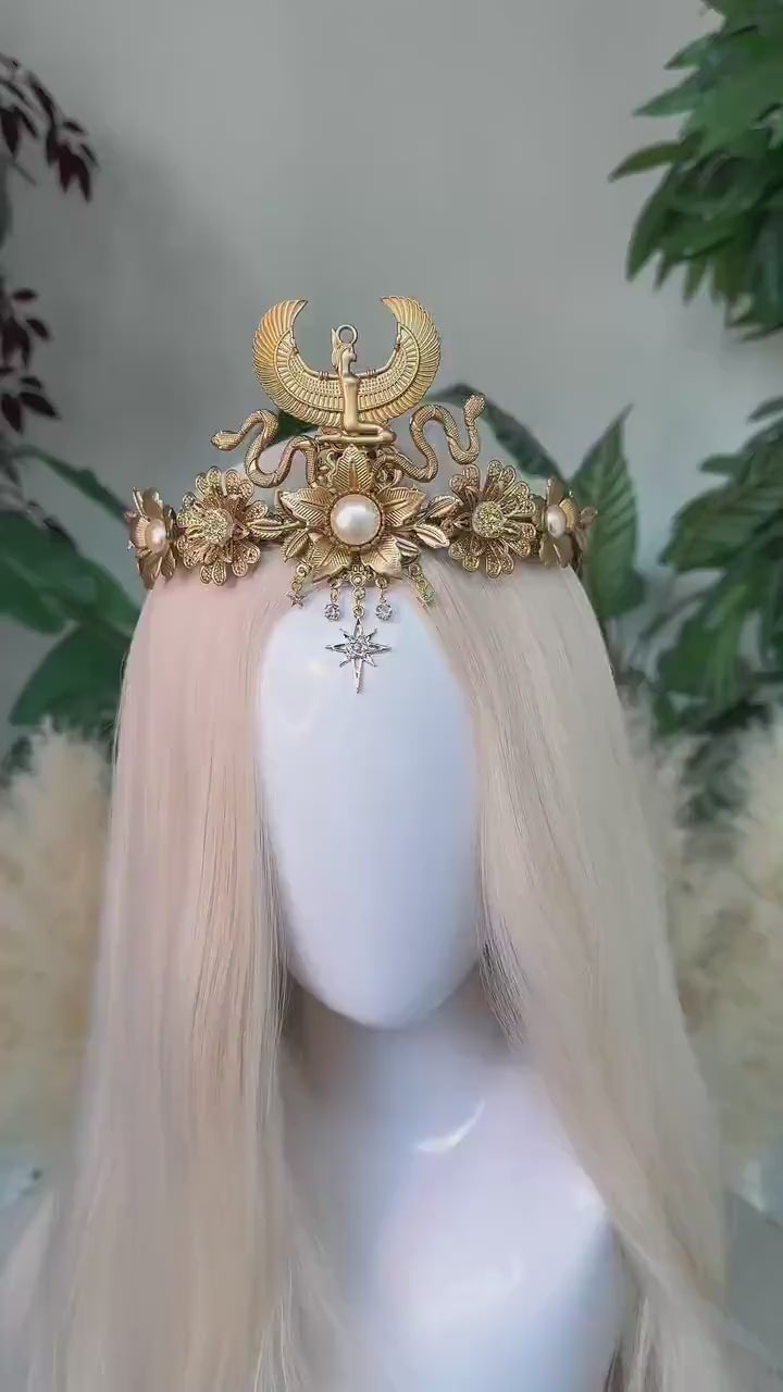 Cleopatra Gold Crown, Egyptian Festival Crown, Handmade Luxury Headpiece, Mardi Gras Costume, Halloween Egyptian Tiara, Goddess Crown