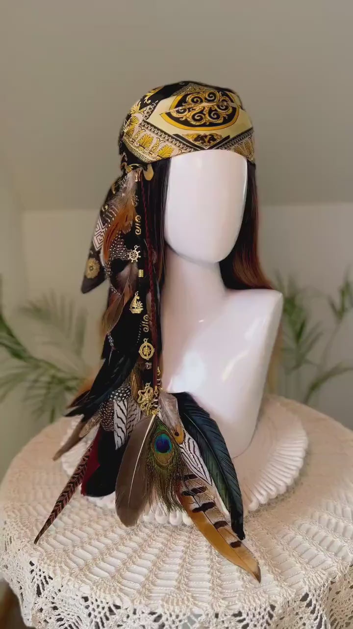 Load and play video in Gallery viewer, Pirate Tricorn Feather Hat Gothic Skull Costume Headpiece
