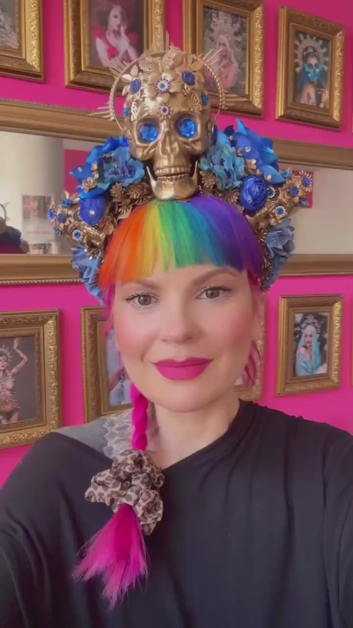 La Catrina Crown, Blue Roses, Gold Skull, Day Of The Dead, Gothic Headpiece, Halloween, Sugar Skull, Floral Halo, Celestial, Statement Tiara