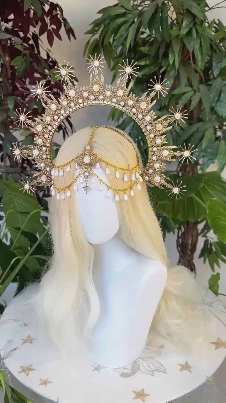 Golden Pearl, Halo Crown, Bridal Headpiece, Celestial Headdress, Festival Goddess, Wedding Tiara, Fantasy Costume, Sacred Ritual Crown
