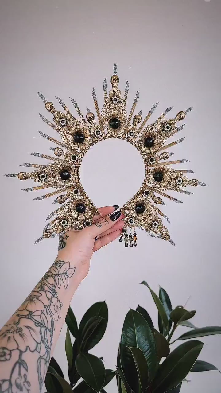 Skull Halo Crown, Gold Sunray Crown, Gothic Headpiece, Halloween Tiara, Skeleton Crown, Black Gem Crown, Festival Costume Tiara