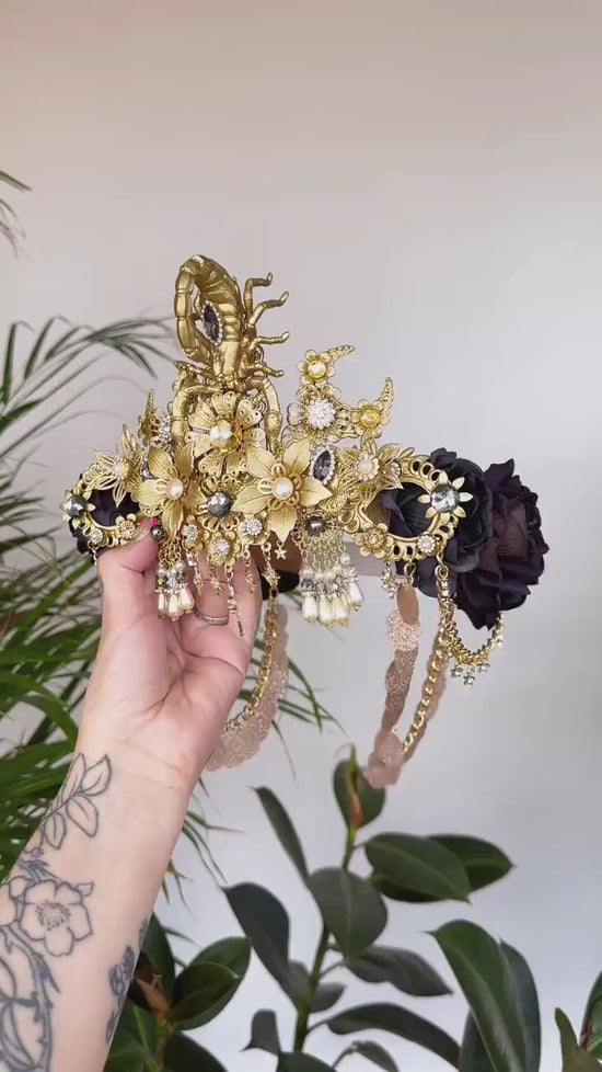 Scorpio crown, Zodiac Signs, Zodiac jewelry, Gold crown, Black flower crown, Gold Headpiece, Birthday crown, Festival crown, Flower crown
