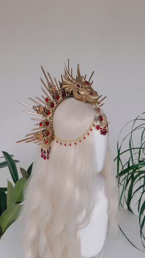 Golden Dragon Fire Crown, Red Gold Headpiece, Fantasy Dragon Costume, Game of Thrones Cosplay, Dragon Queen Crown, Halloween Tiara