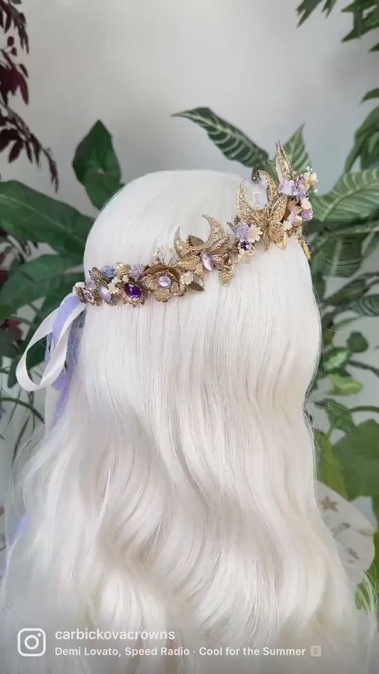 Mystic Moon Crown, Crystal Tiara, Gold Celestial Headpiece, Lunar Goddess Crown, Boho Wedding Tiara, Fantasy Festival Headpiece,Bridal crown