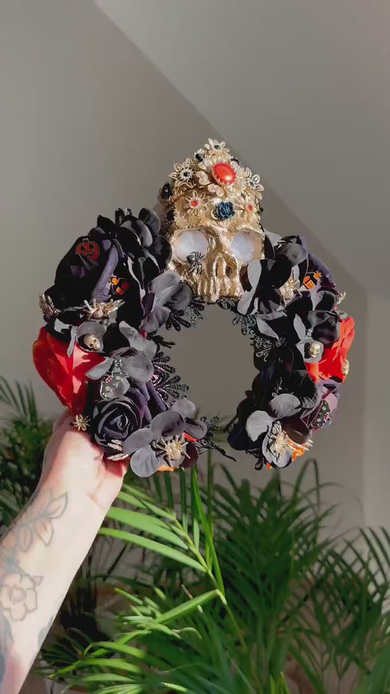 Light Up Halloween Skull Crown Black Orange Roses Gothic Headpiece Glowing Skull Crown Spooky Witch Costume Halloween Parade