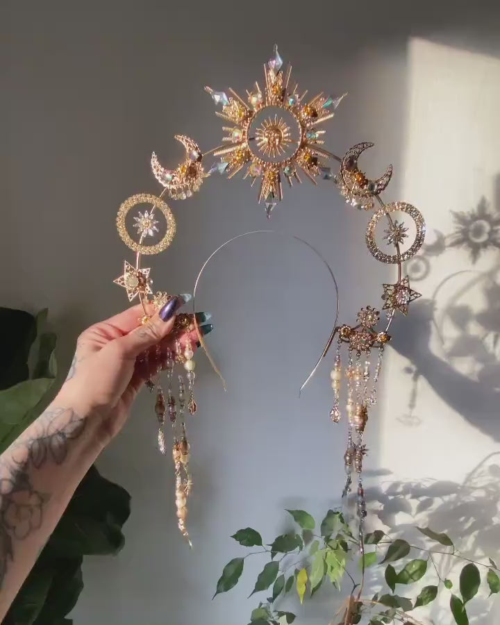 Celestial Halo Crown, Sun Moon Star Headpiece, Goddess Festival Tiara, Gold Boho Crown, Bridal Halo, Maternity Photoshoot,Handmade Accessory
