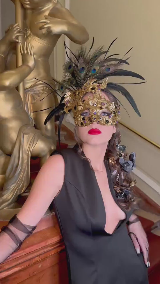 Gold Peacock Masquerade Mask Crystal Embellished Luxury Carnival Accessory