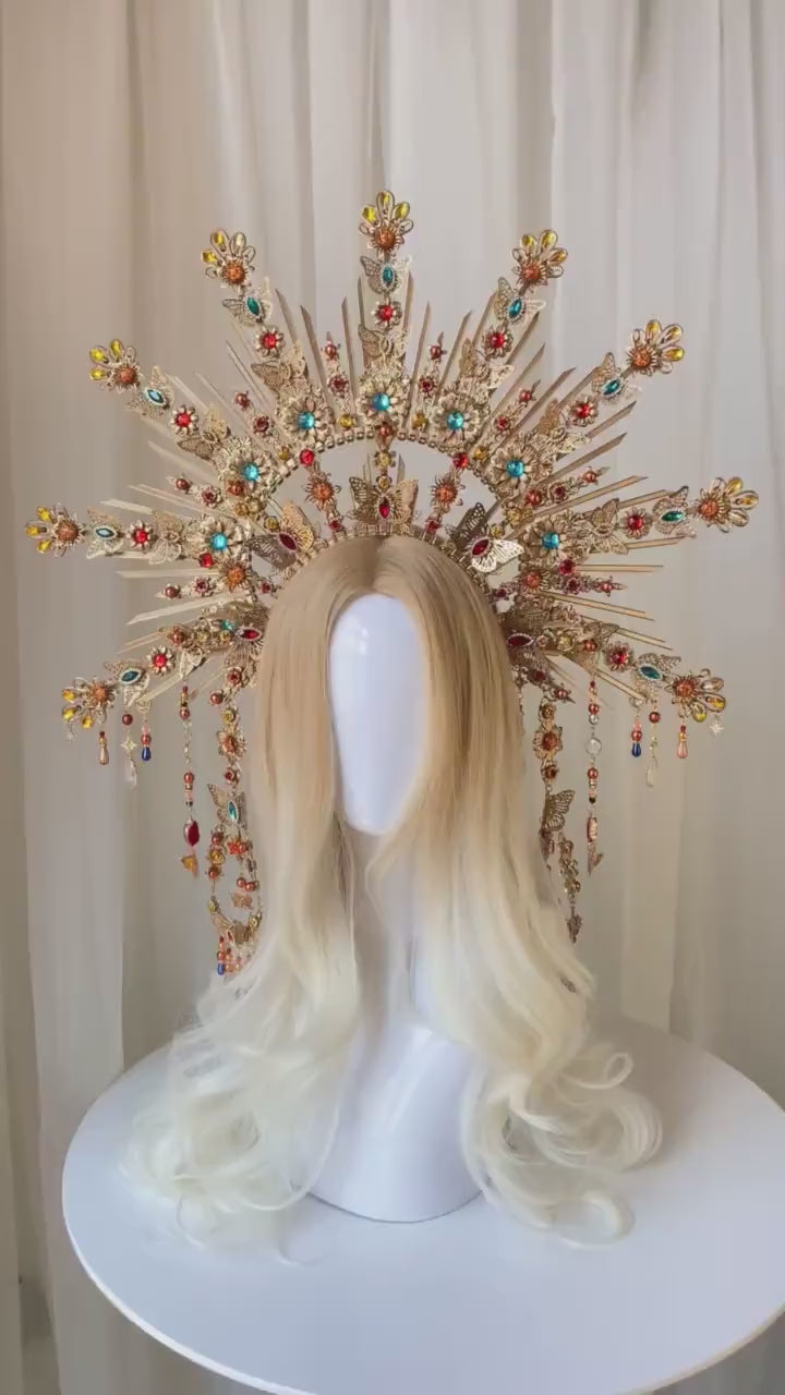 Butterfly Halo Crown, Gold Festival Tiara, Celestial Headpiece, Colorful Fairy Crown, Goddess Costume, Spring Carnival Crown, Fantasy Bridal