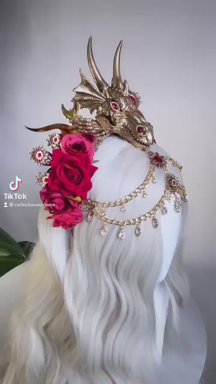 Dragon Queen Crown, Game Of Thrones Tiara, Gold Dragon Headpiece, Red Rose Crown, Daenerys Costume, Fantasy Queen Tiara, Halloween Headdress