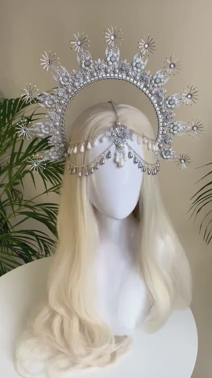 Silver Halo Crown, Bridal Goddess Headpiece, Celestial Wedding Tiara, Fantasy Festival Crown, Maternity Photoshoot, Ethereal Halo, Handmade