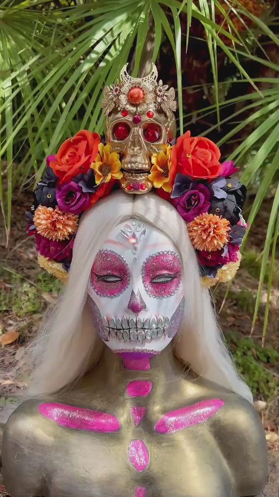 SALE La Catrina Crown, Day of the Dead, Sugar Skull, Orange Roses, Marigold Flowers, Gothic Tiara, Halloween Headpiece, Festival Headdress
