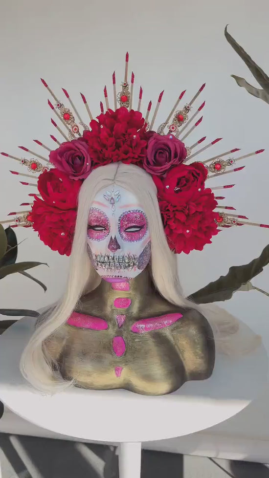 La Catrina Halo Crown, Red Flower Crown, Dia De Los Muertos, Gothic Headpiece, Festival Headdress, Halloween Costume, Mexican Skull Crown