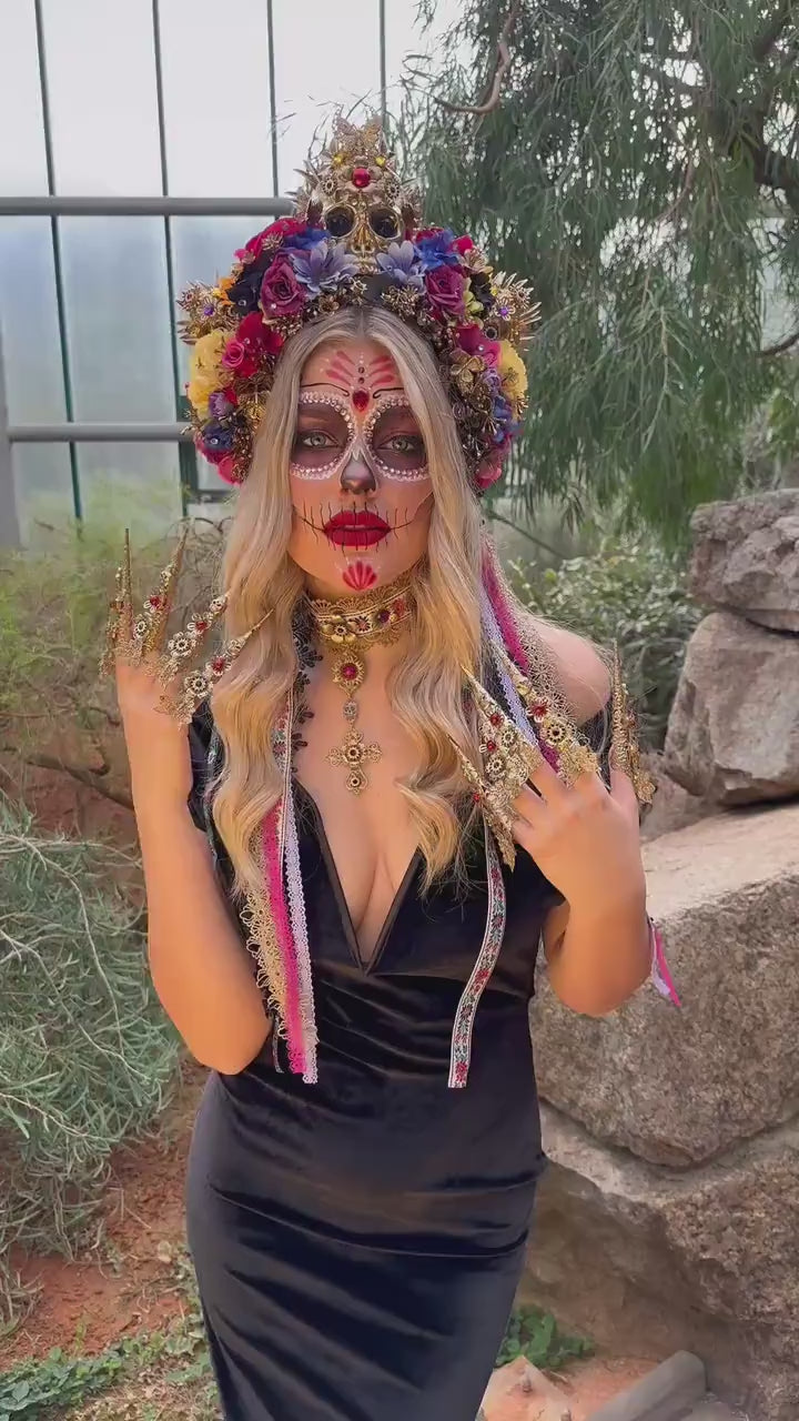 Vibrant La Catrina Flower Crown, Gold Skull Headdress, Colorful Rose Halo, Day of the Dead Headpiece, Handmade Floral Festival Crown