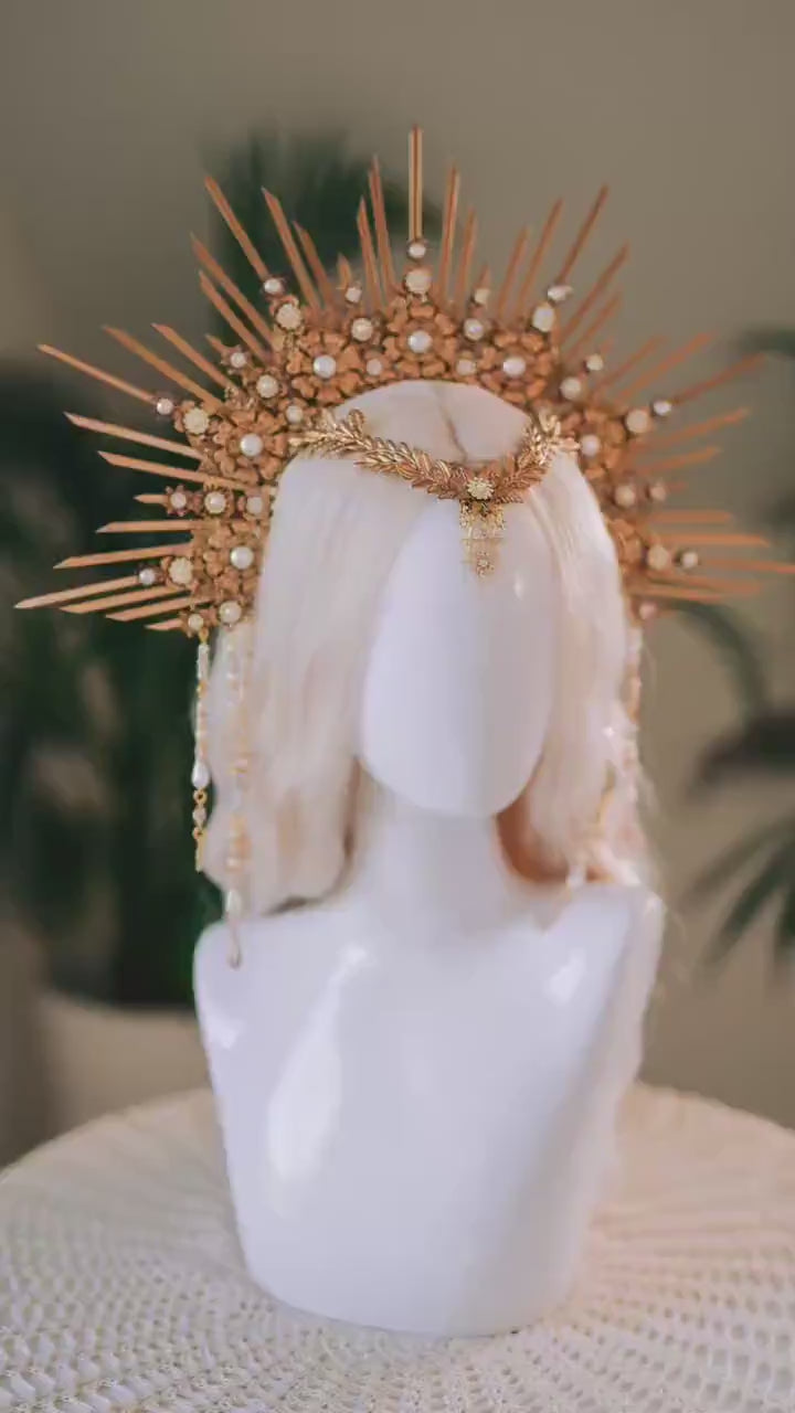 Golden Solara Bridal Halo Crown For Weddings Editorial Maternity Photoshoots And Goddess Portraits