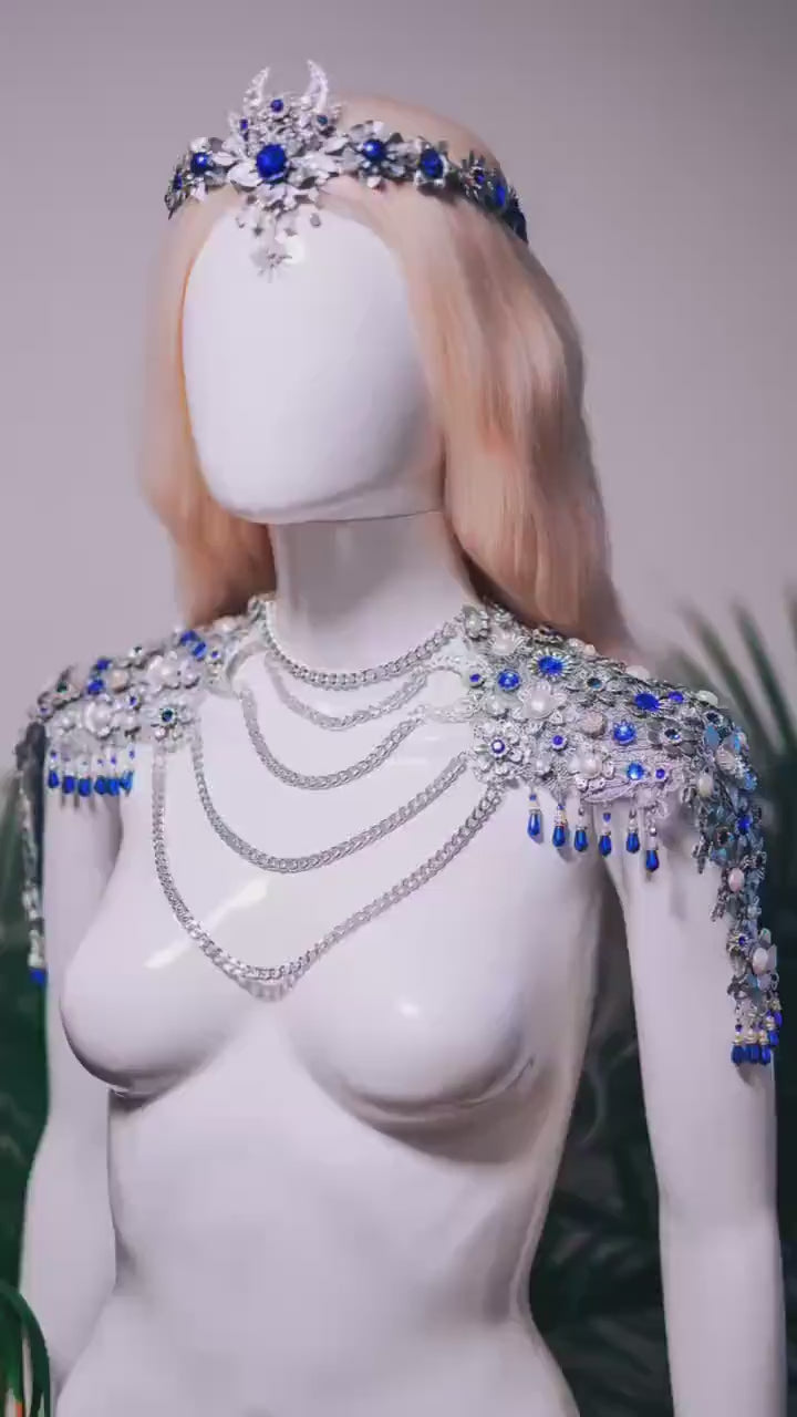 Celestial Moon Shoulder Necklace Silver Blue Goddess Jewelry