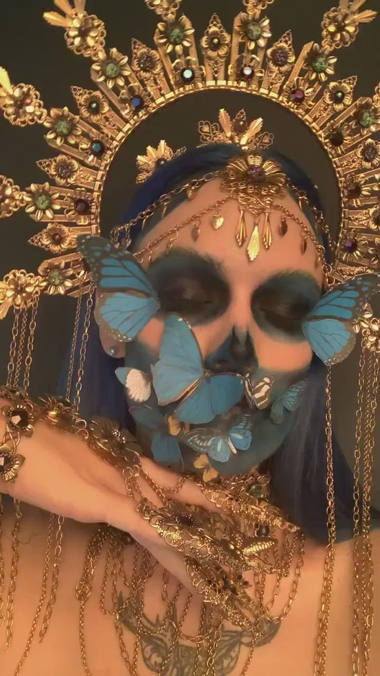 La Catrina Halo Crown, Gold, Blue, Butterfly, Festival, Carnival, Day of the Dead, Dia de los Muertos, Statement Headdress, Mexican Style