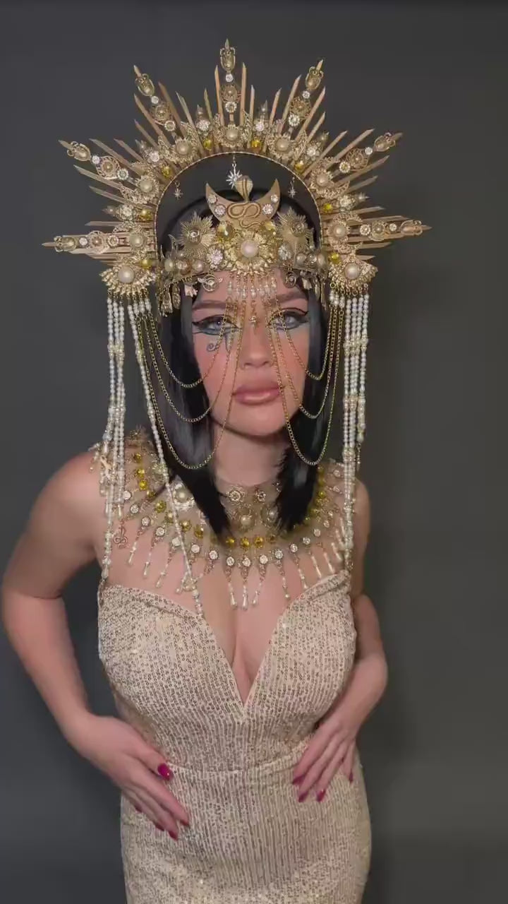 Cleopatra crown, Egyptian headdress, Goddess tiara, Festival headpiece, Carnival crown, Queen of Egypt, Luxurious costume, Halloween crown
