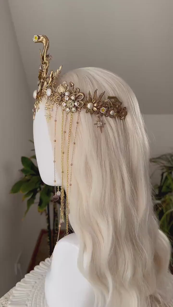 Cleopatra Cobra Gold Crown Snake Headpiece Goddess Crown Egyptian Wedding Tiara Gold Crown with Chains Costume Headpiece Festival
