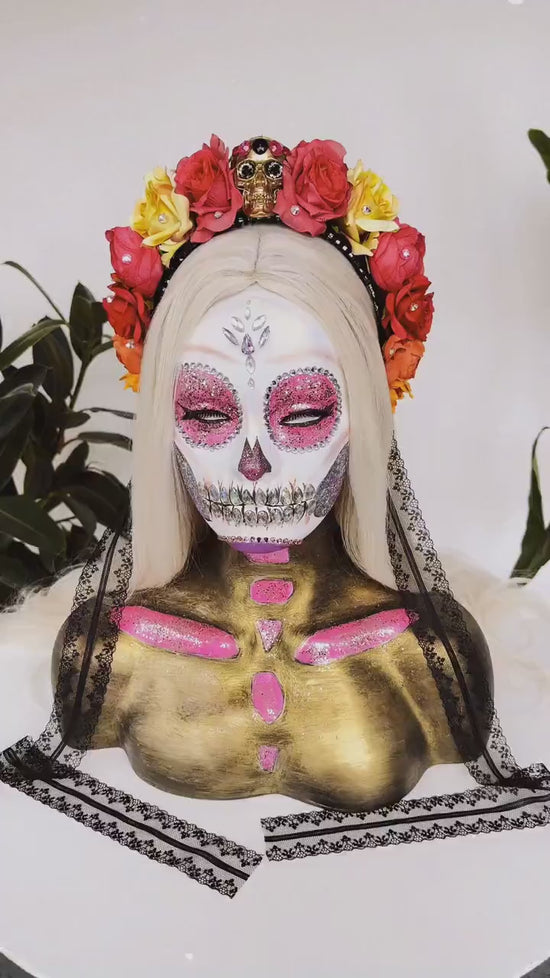 SALE Red flower crown, Gold halo crown, La Catrina crown, Halloween headband, Halloween costume, Halloween headpiece, Flower headpiece