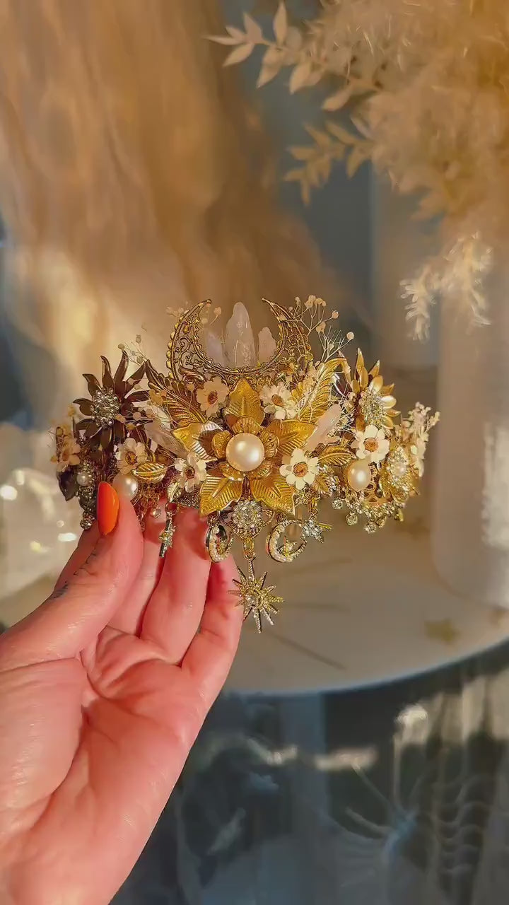 Celestial Boho Bridal Crown Crystal Flower Goddess Headpiece