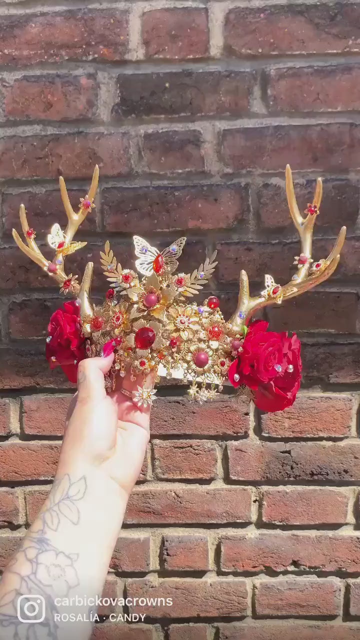 Deer Flower Crown Reindeer Headband Gold Horns Crown Halloween Party Crown Festival Headpiece Burning man Carnival Deer Costume Mardi Gras
