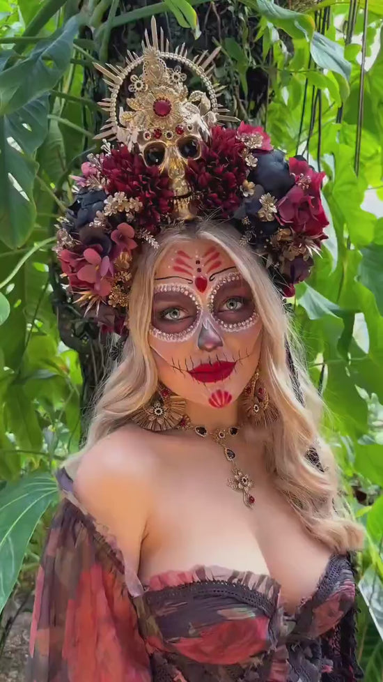 Golden Skull Halo Crown Red Flowers Sacred Heart Halloween Headdress La Catrina Costume Dia De Los Muertos