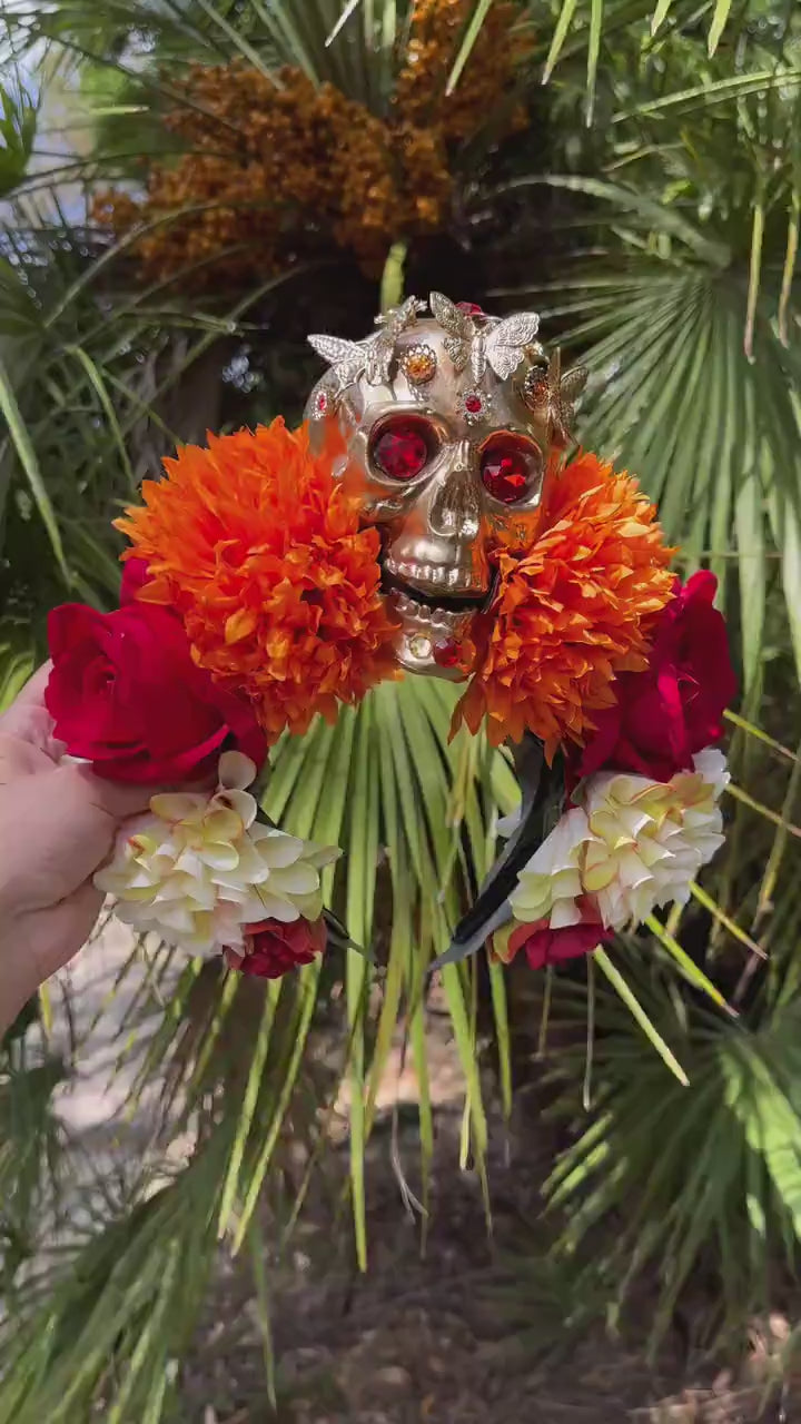 SALE Golden Skull Crown, Dia de los Muertos, La Catrina Headdress, Marigold Flower, Mexican Headpiece, Halloween Costume, Gothic Tiara