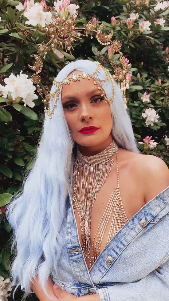 Celestial Halo Crown, Gold Goddess Headpiece, Sun Moon Star Tiara, Boho Wedding Crown, Festival Accessory, Maternity Photoshoot, Handmade