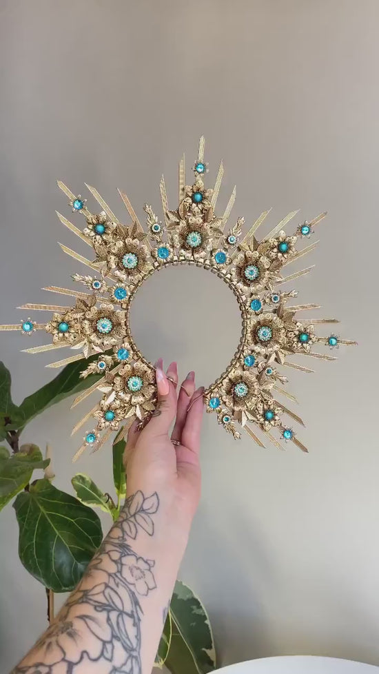 Celestial Halo Crown, Gold Sunburst Headpiece, Turquoise Festival Crown, Wedding Halo, Bohemian Goddess Tiara, Handmade Statement Headpiece