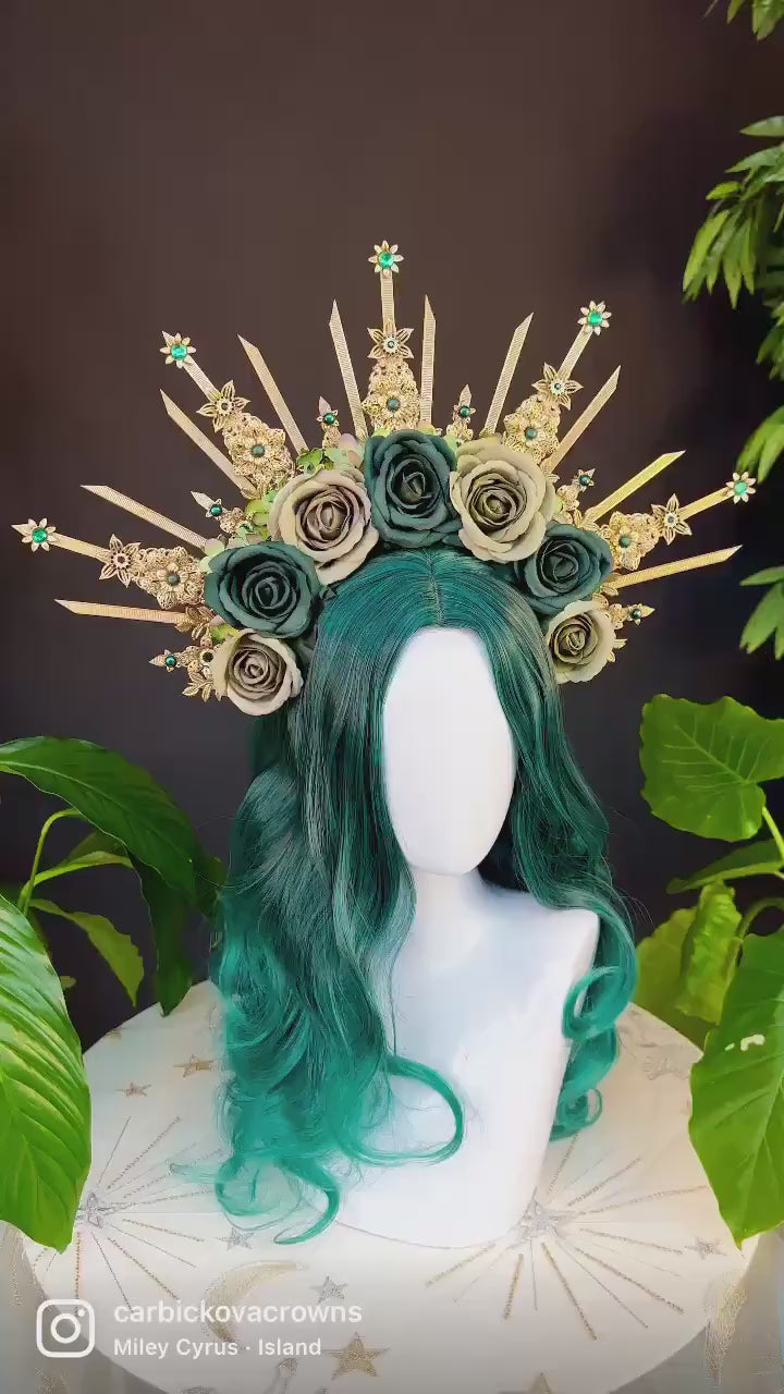 Emerald Flower crown Gold halo Moon crown Bridal Headpiece Goddess crown Celestial Jewellery Burning man Accessories Tiara Diadem Crown Boho