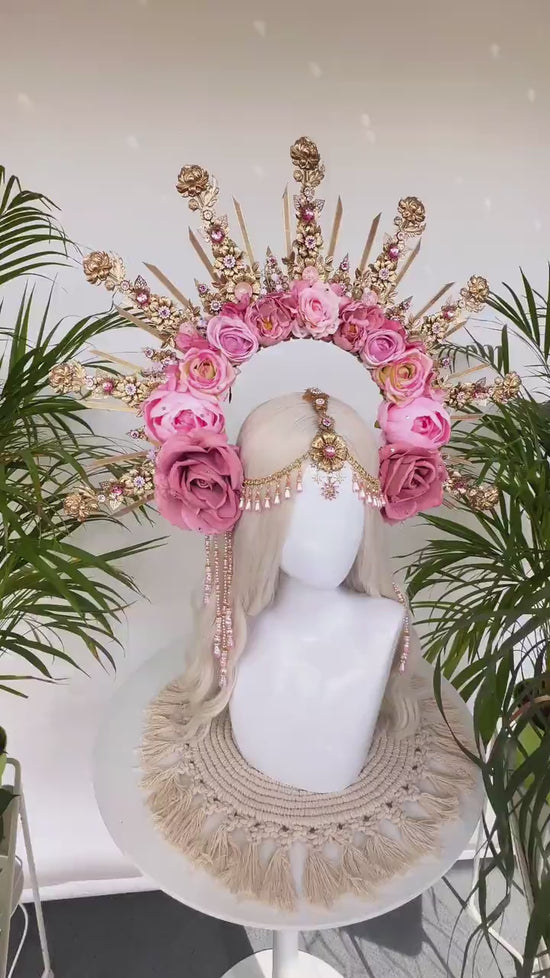 Celestial Flower Crown, Gold Boho Headpiece, Pink Rose Tiara, Goddess Halo Crown, Wedding Floral Crown, Festival Headpiece, Carnival Tiara