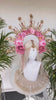 Celestial Flower Crown, Gold Boho Headpiece, Pink Rose Tiara, Goddess Halo Crown, Wedding Floral Crown, Festival Headpiece, Carnival Tiara