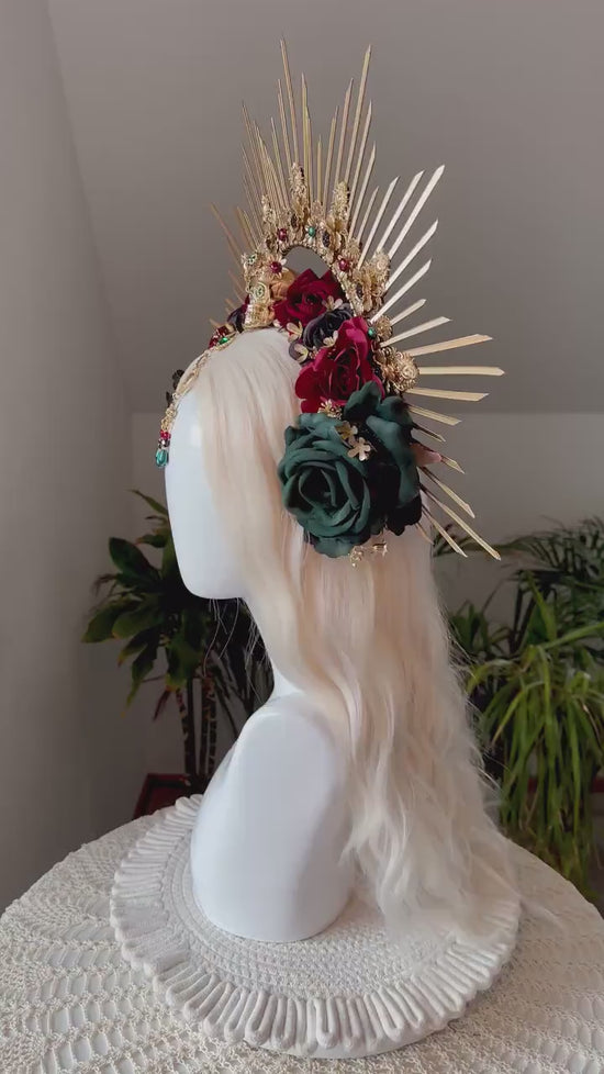 La Catrina Gold Emerald Halo Crown Red Roses Headpiece Dia De Los Muertos Floral Goddess Crown