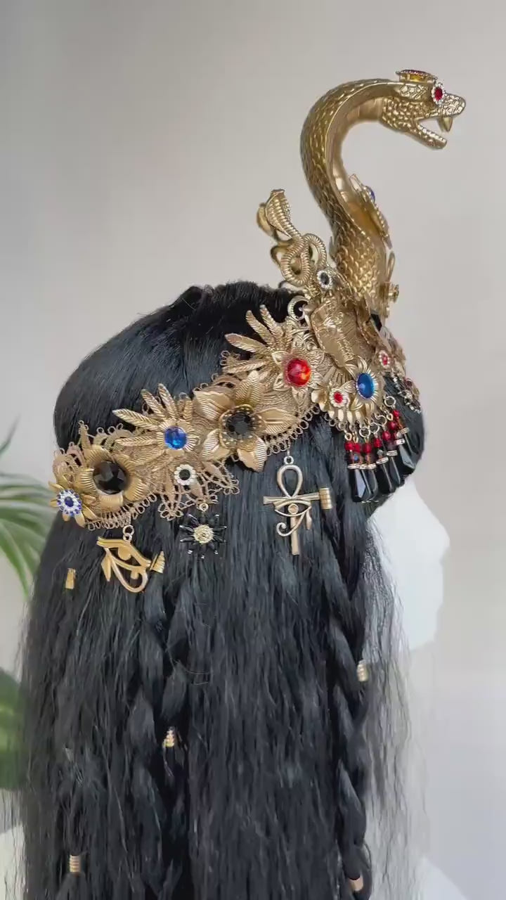 Gold Cleopatra Crown, Egyptian Necklace, Carnival Headpiece, Halloween Costume, Festival Crown, Mardi Gras Costume, Egypt Goddess Crown