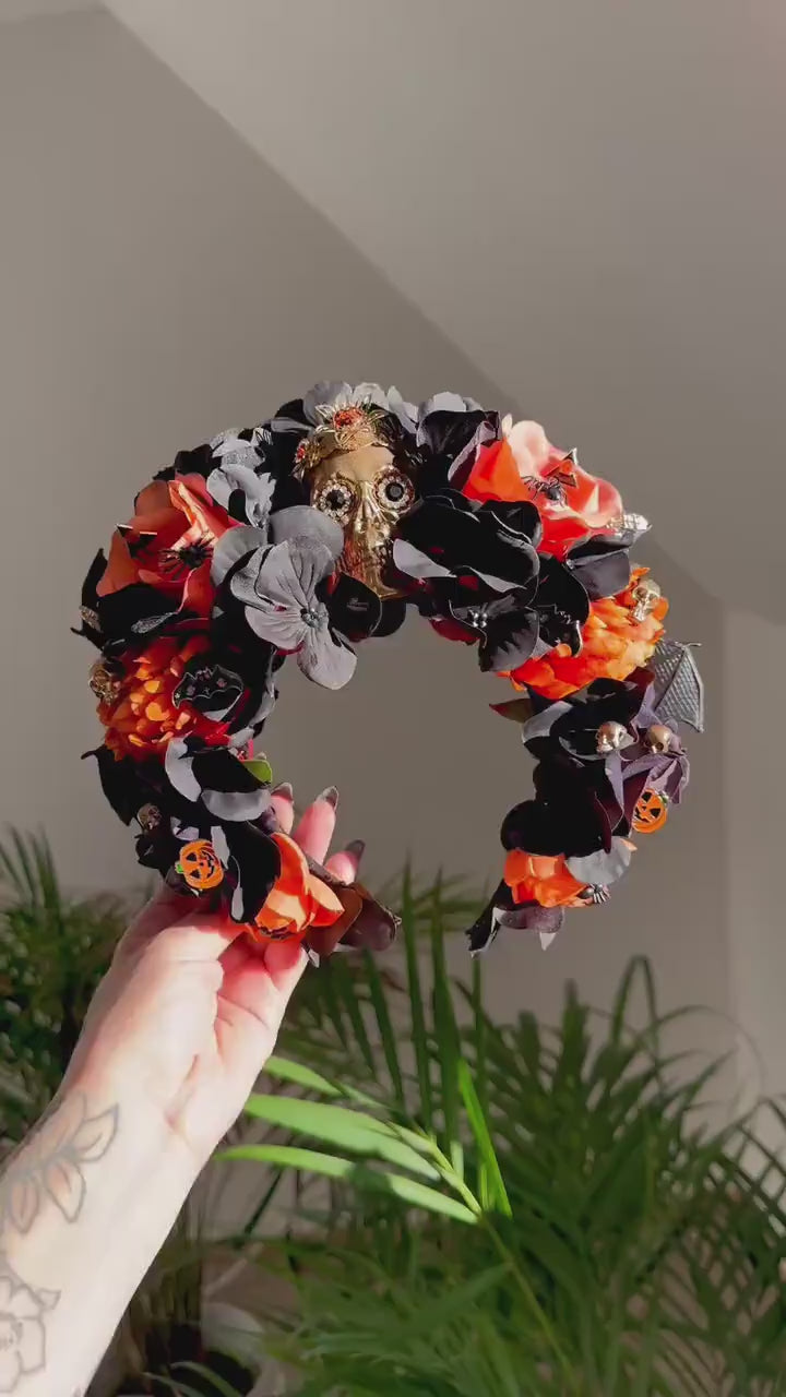 Halloween Skull Crown Black Orange Roses Gothic Flower Headpiece Pumpkin Bat Spider Costume Dia De Los Muertos Accessories
