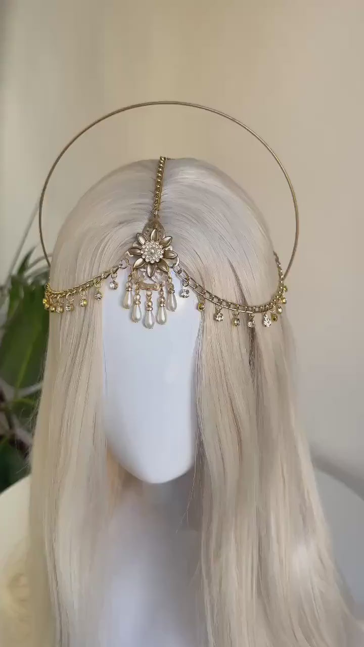 Golden Halo Bridal Crown, Wedding Headpiece, Celestial Tiara, Pearl Halo Crown, Goddess Bridal Accessory, Gold Bridal Hairpiece, Headband