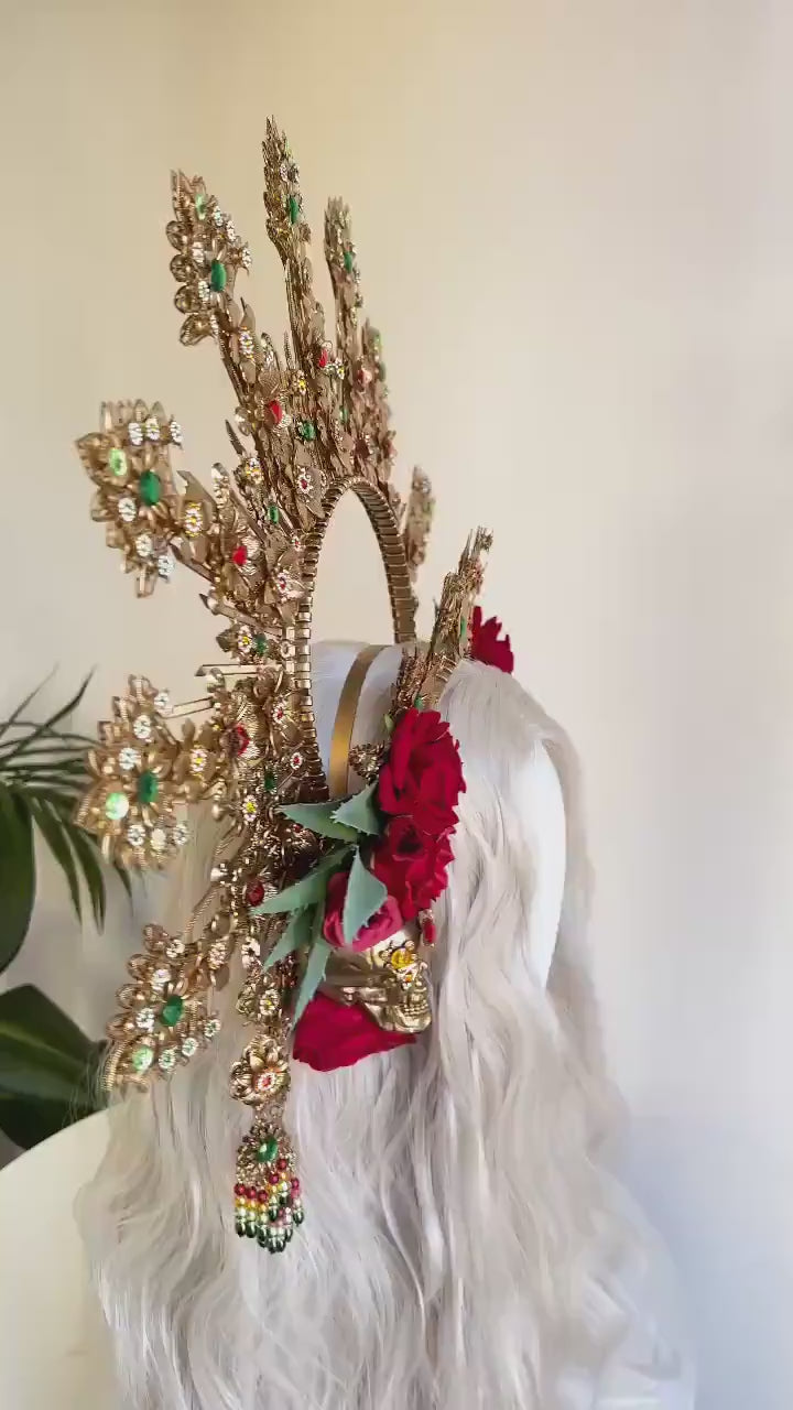 La Catrina Crown, Red Rose Halo, Mexican Headdress, Gold Statement Tiara, Dia de los Muertos, Festival Headpiece, Handmade Floral Crown