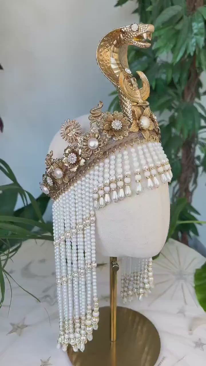 Load and play video in Gallery viewer, Cleopatra Snake Headpiece Pearl Fringe Crown Egyptian Costume Headdress Festival Carnival Cosplay Tiara
