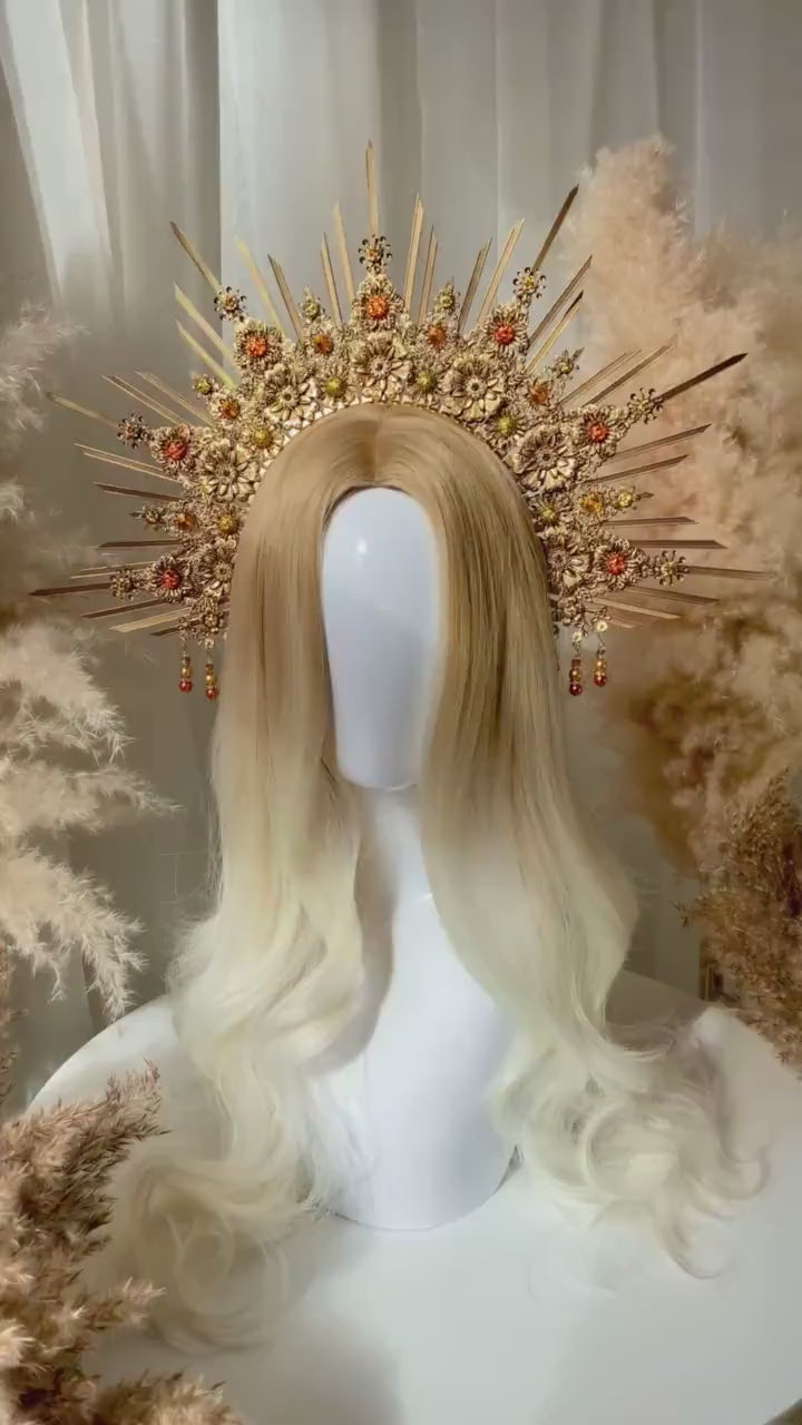 Gold Halo Crown, Celestial Headpiece, Goddess Crown, Festival Halo, Bridal Halo, Wedding Crown, Luxury Crown, Fantasy Halo, Golden Sun Crown