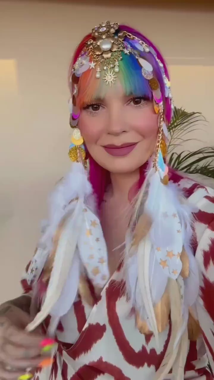 Boho Feather Crown, Festival Headpiece, Bridal Halo Tiara, Sequins Carnival Hair Accessory, Wedding Bohemian Headband, Handmade Party Crown