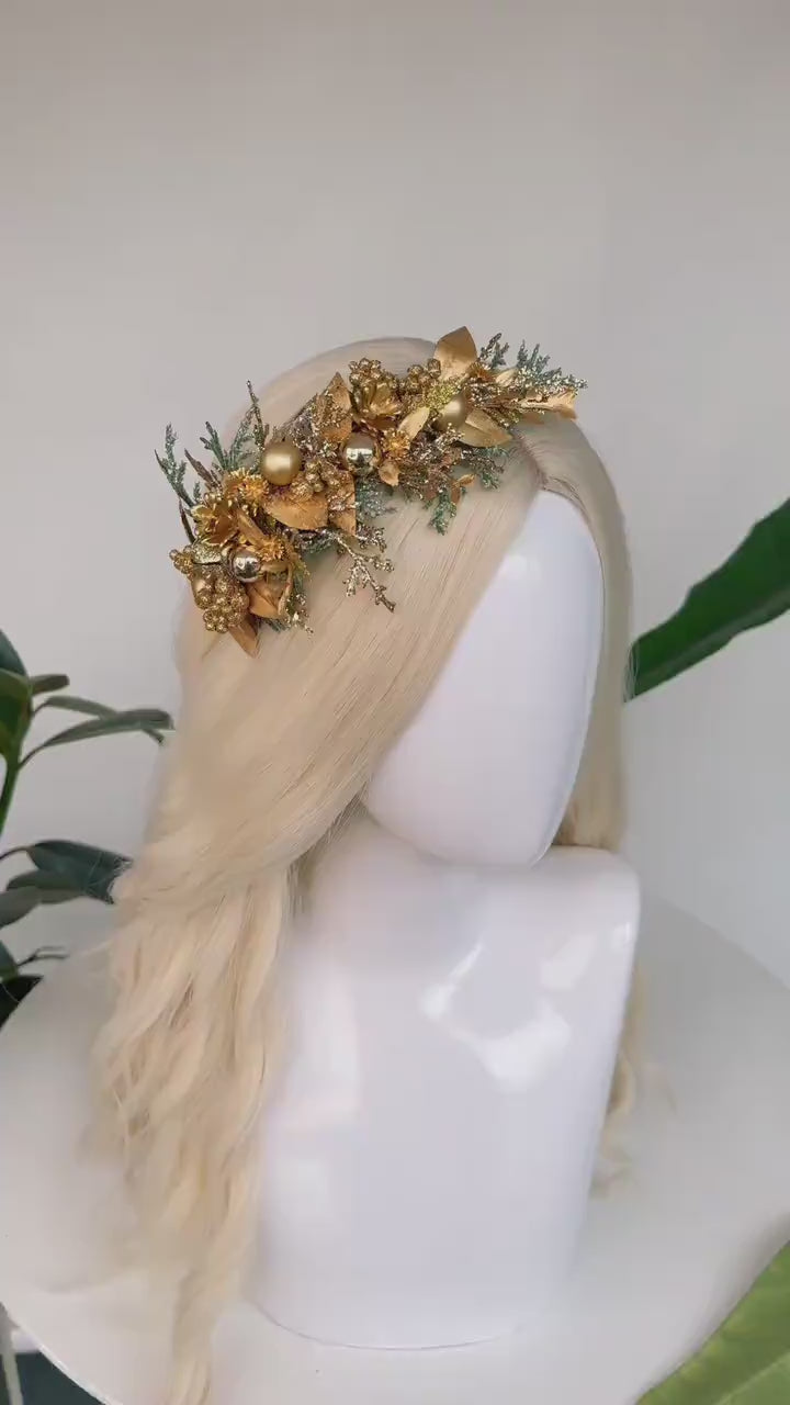 Gold Christmas Headband Winter Bride Crown Festive Holiday Tiara Golden Hairpiece Floral Accessories Elegant Christmas Crown