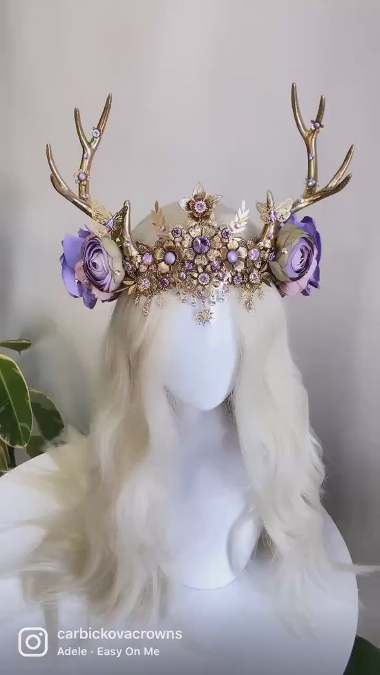 Flower crown, Lavender headband, Flower deer antlers, Gold crown, Christmas Party, Reindeer crown, Fairy crown, Elven tiara, Deer crown