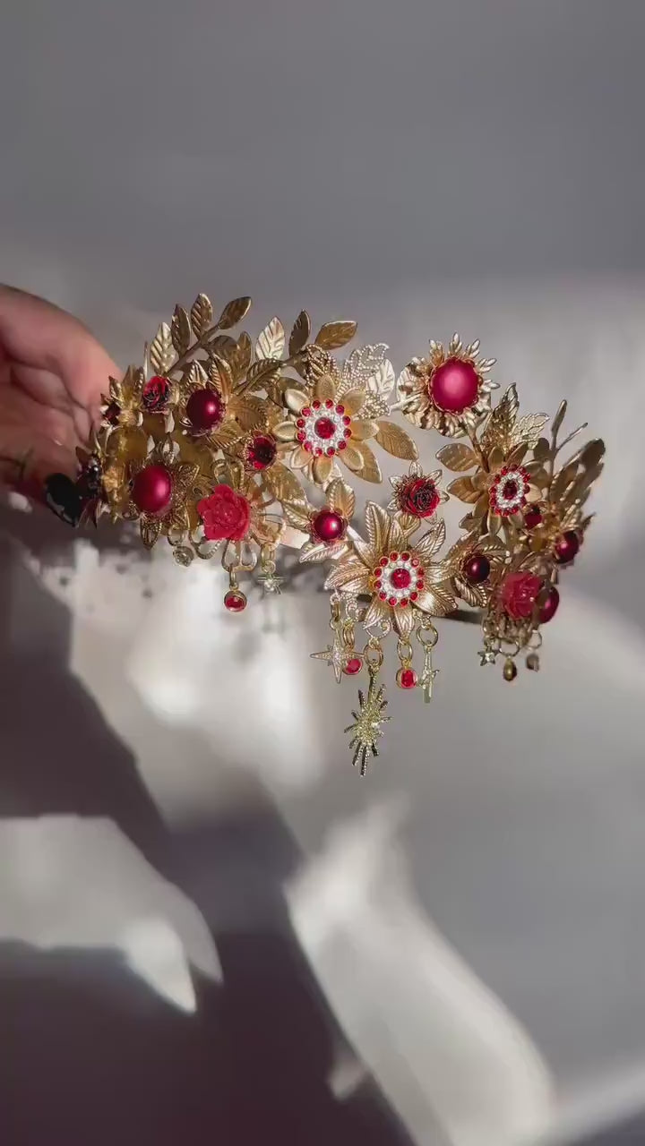 Gold Tiara,Bridal Headpiece,Burgundy Crown,Wedding Tiara,Gemstone Headband,Baroque Hairpiece,Red Flower Tiara,Gala Queen Look