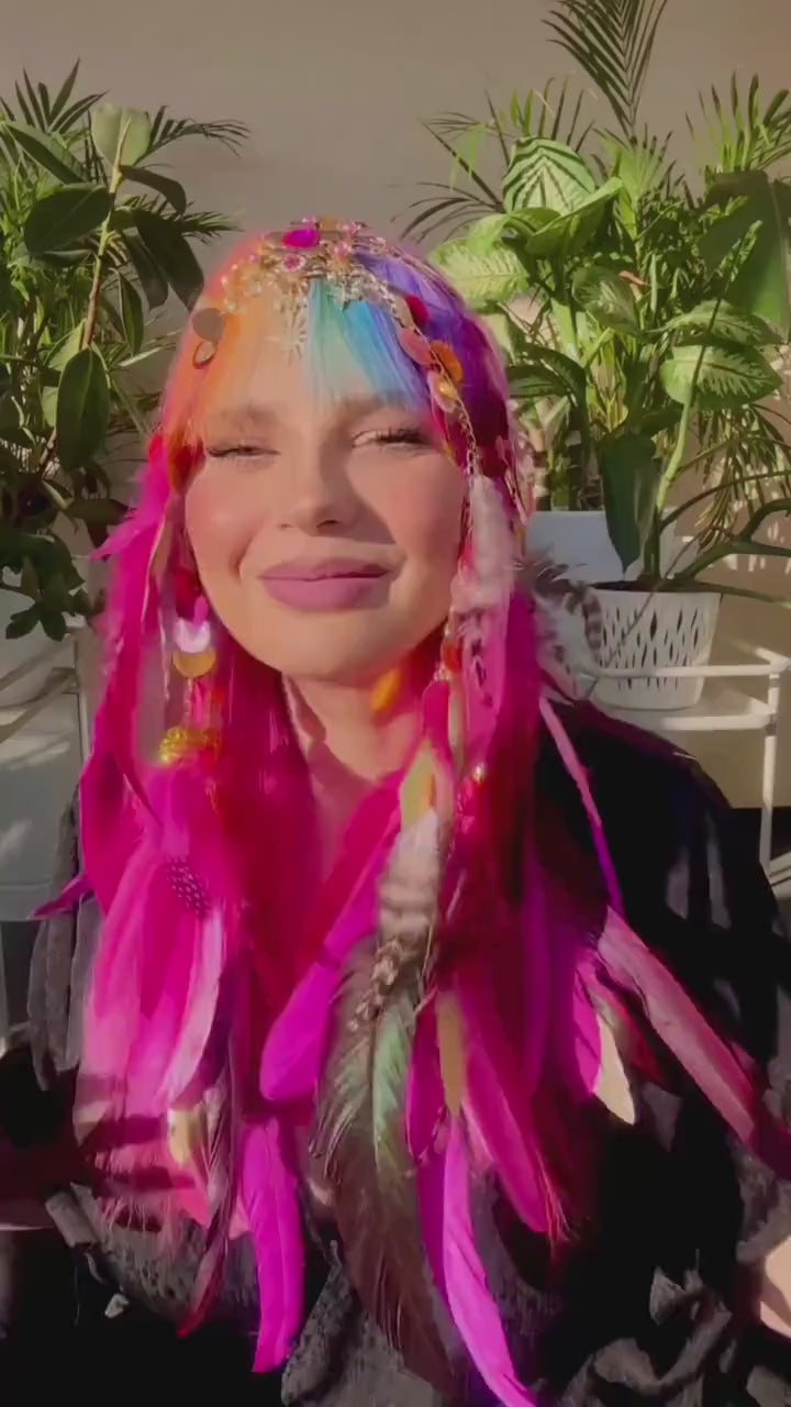 Festival Feather Headpiece, Chain Sequin Headband, Colorful Boho Tiara, Carnival Costume Accessory, Halloween Headdress, Party Hairpiece