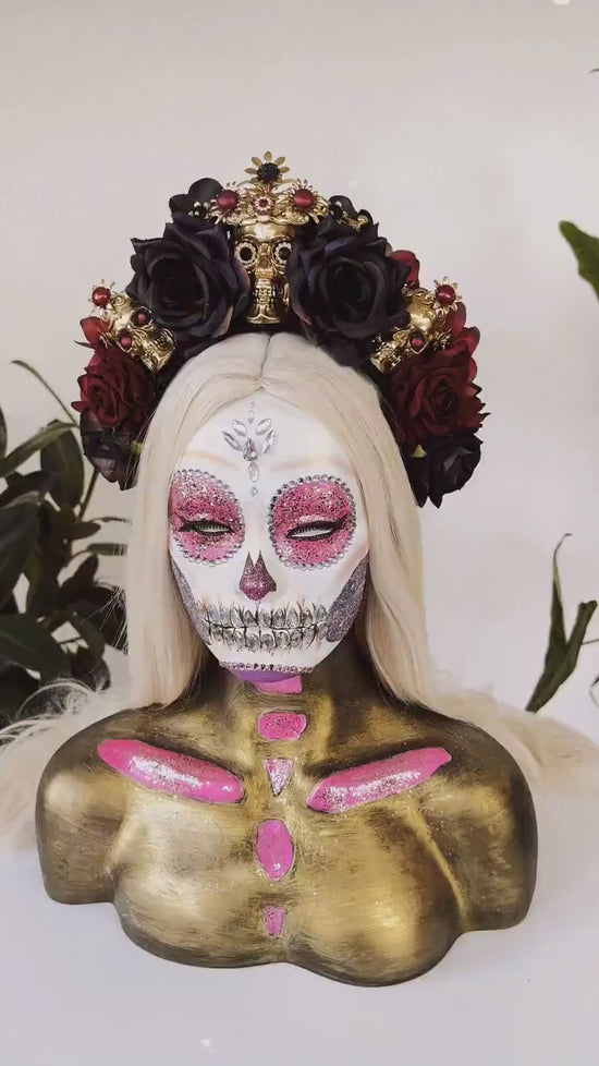 La Catrina Crown, Skull Headpiece, Day of the Dead Tiara, Flower Crown, Red Black Roses, Sugar Skull Halo, Dia de los Muertos, Halloween
