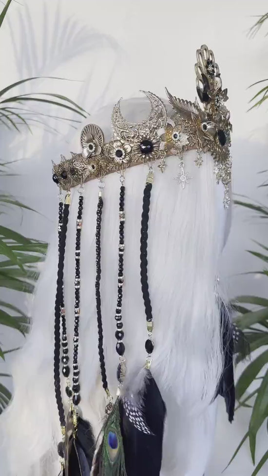 Boho Goddess Crown, Feather Headpiece, Festival Tiara, Celestial Halo, Gold Headpiece, Peacock Feathers, Mystic Queen, Ritual Crown