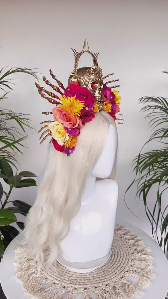 SALE La Catrina Skull Crown, Floral Headpiece, Red Rose Crown, Day of the Dead, Gothic Crown, Festival Accessory, Mexican Headpiece