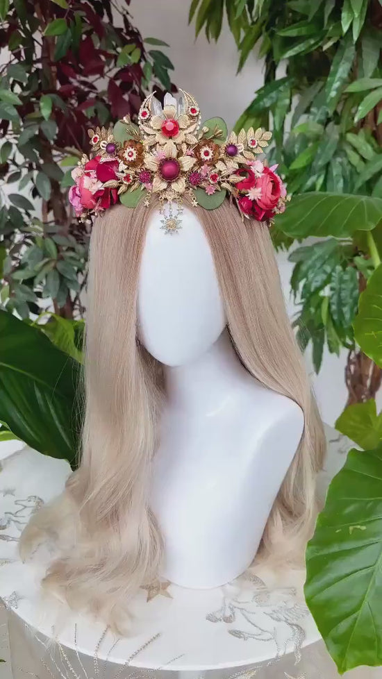 Celestial Flower Tiara, Boho Wedding Crown, Goddess Headpiece, Fantasy Festival Tiara, Handmade Bridal Halo, Floral Crystal Crown,Boho Bride